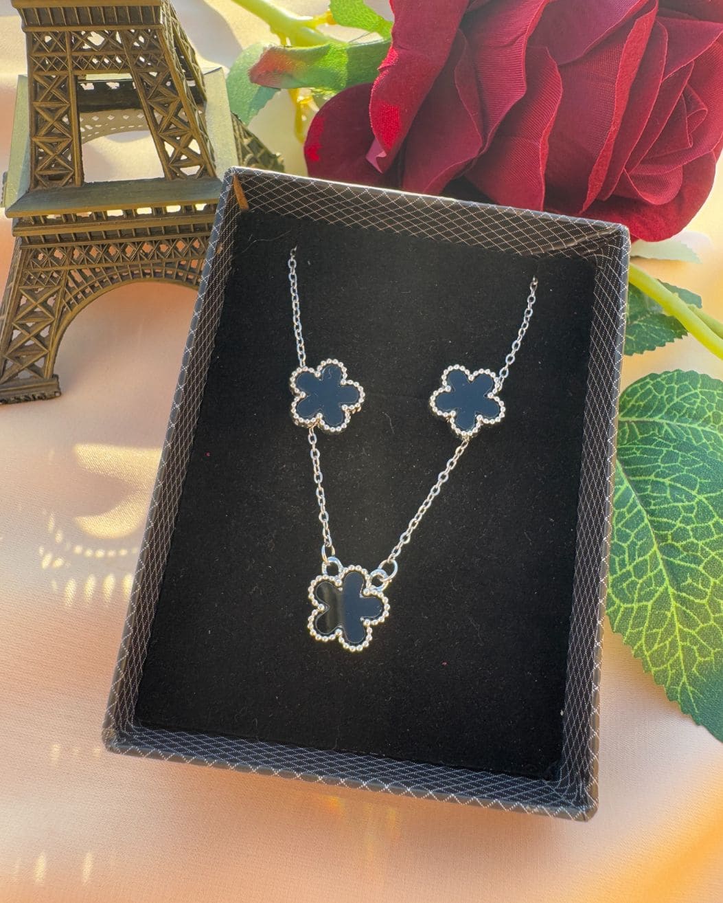 Black and Silver Five Leaf Clover Necklace and Earrings Jewelry Set for Women