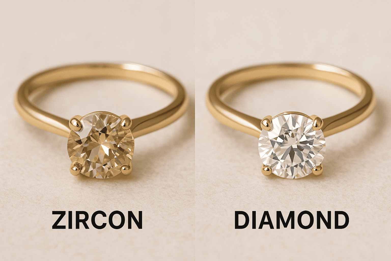Visual comparison of zircon vs diamond solitaire rings in gold settings – difference in brilliance and color for gemstone jewelry shoppers