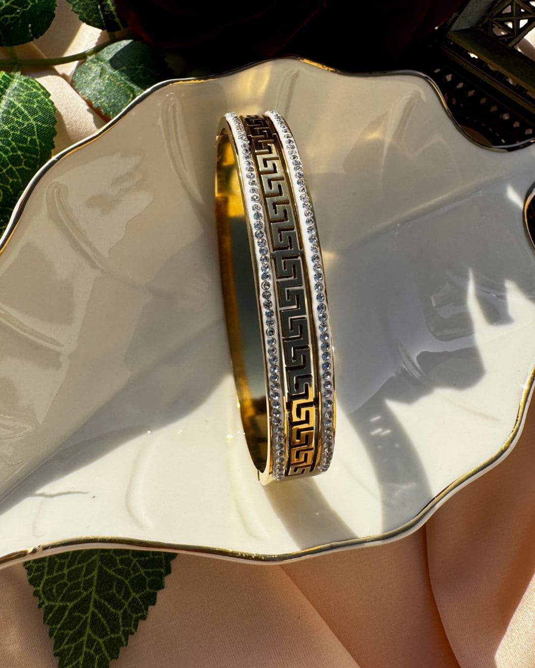 Stainless Steel 18k Gold Greek Key Bangle Handcuff