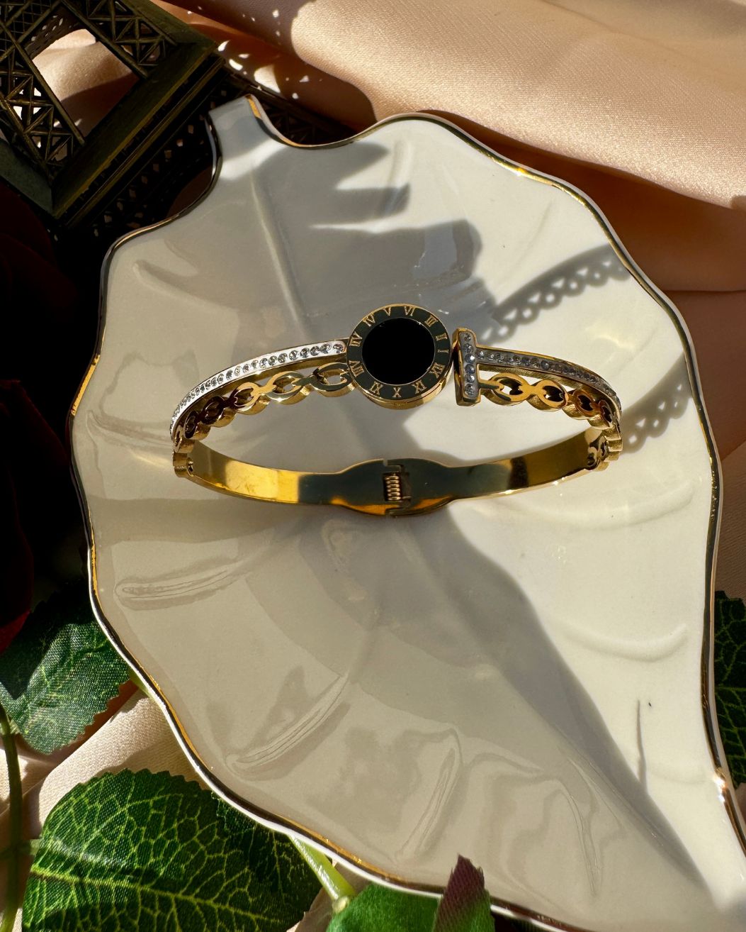18K Gold-Plated Anti-Tarnish Handcuff Bangle with Black Enamel Circle