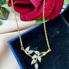 Stainless steel gold chain with Silver Zircon Vine Leaf Pendant Necklace