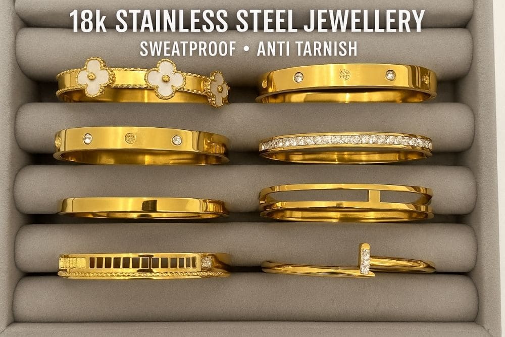 18K Gold Plated Stainless Steel Bangles Collection Displayed In A Grey Velvet Jewelry Box – Sweatproof, Anti-Tarnish, Non-Tarnish Jewelry For Women In Pakistan