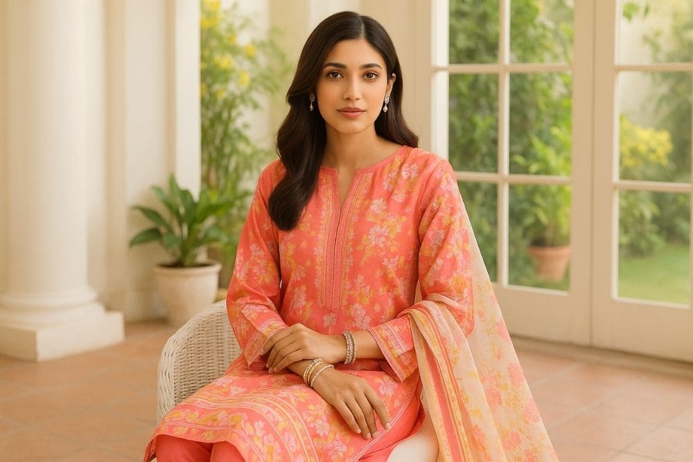 Pakistani Woman Wearing A 3-Piece Lawn Suit With Rhinestone Bangles And A Watch, Creating A Festive Yet Elegant Summer Look In A Bright Minimal Setting.