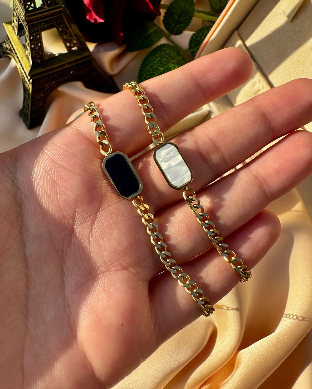 Minimal Chic Black & White Chain Bracelets – 18K Gold Plated Waterproof