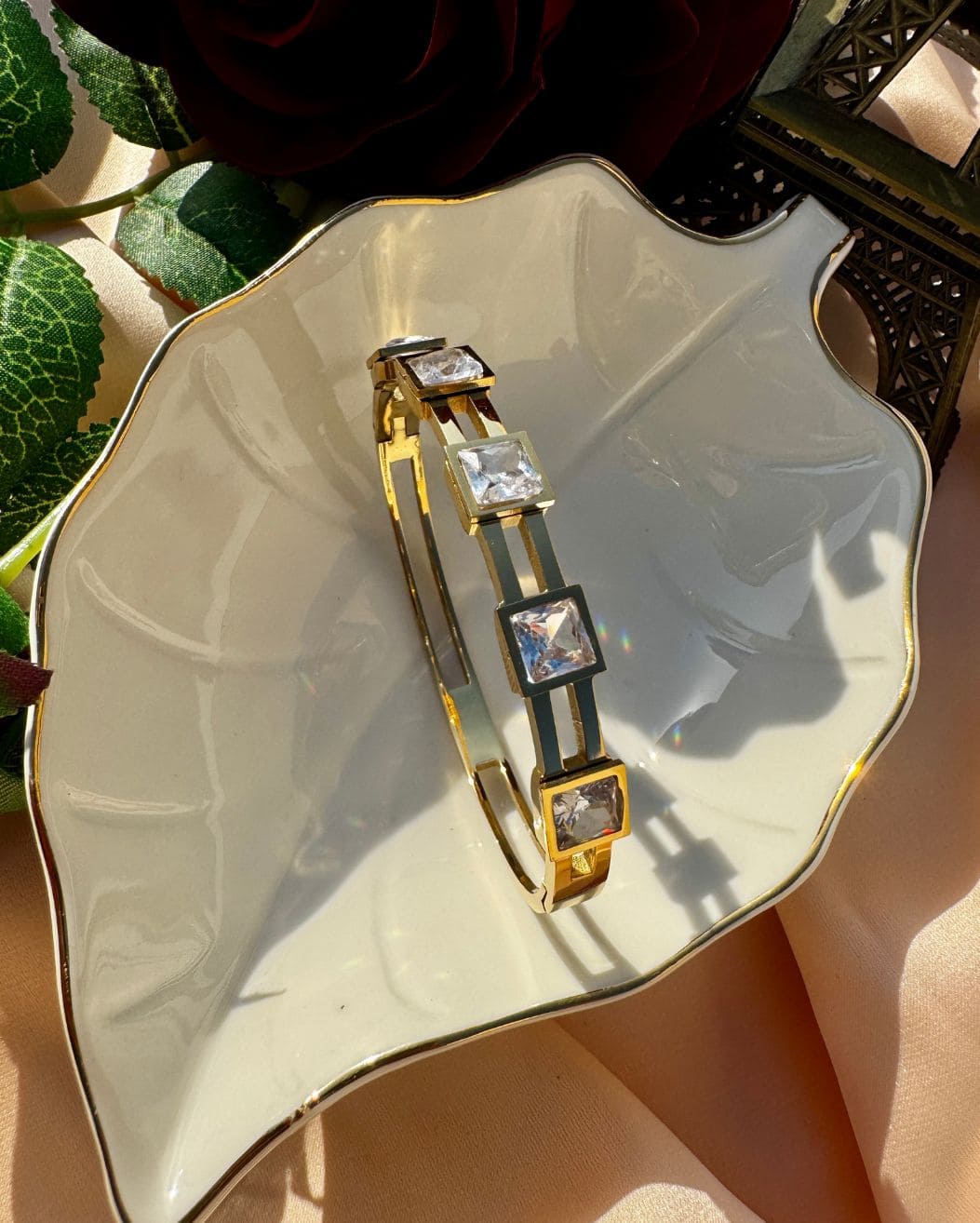 18K Gold Stainless Steel Plated Wrist Bangle with Silver Cubic Zirconia