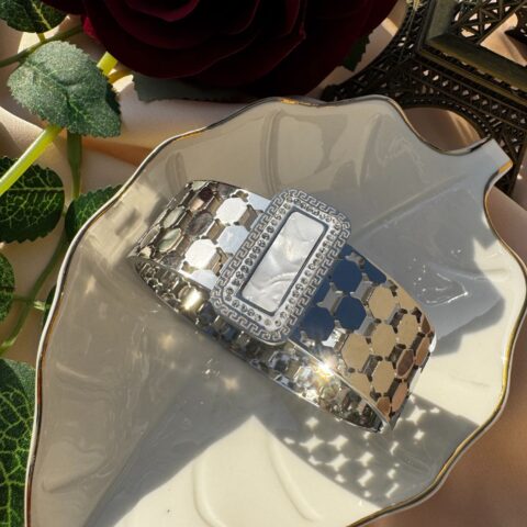 Elegant Silver Stainless Steel Cuff Bracelet with Mother of Pearl Centre