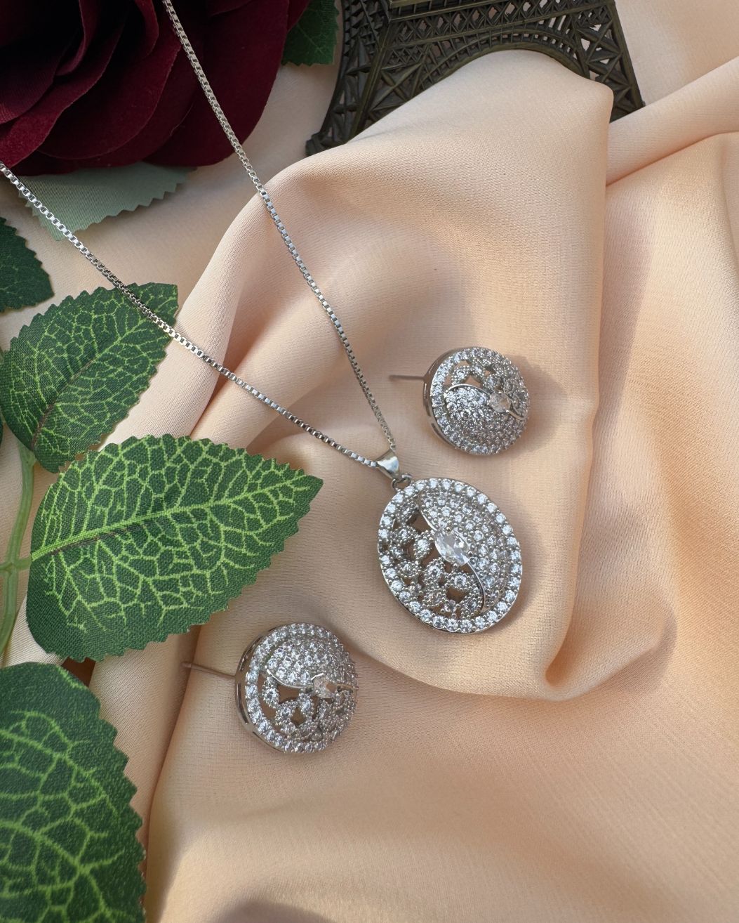 Elegant Round Zircon Pendant & Earrings Jewelry Set for Women Girls
