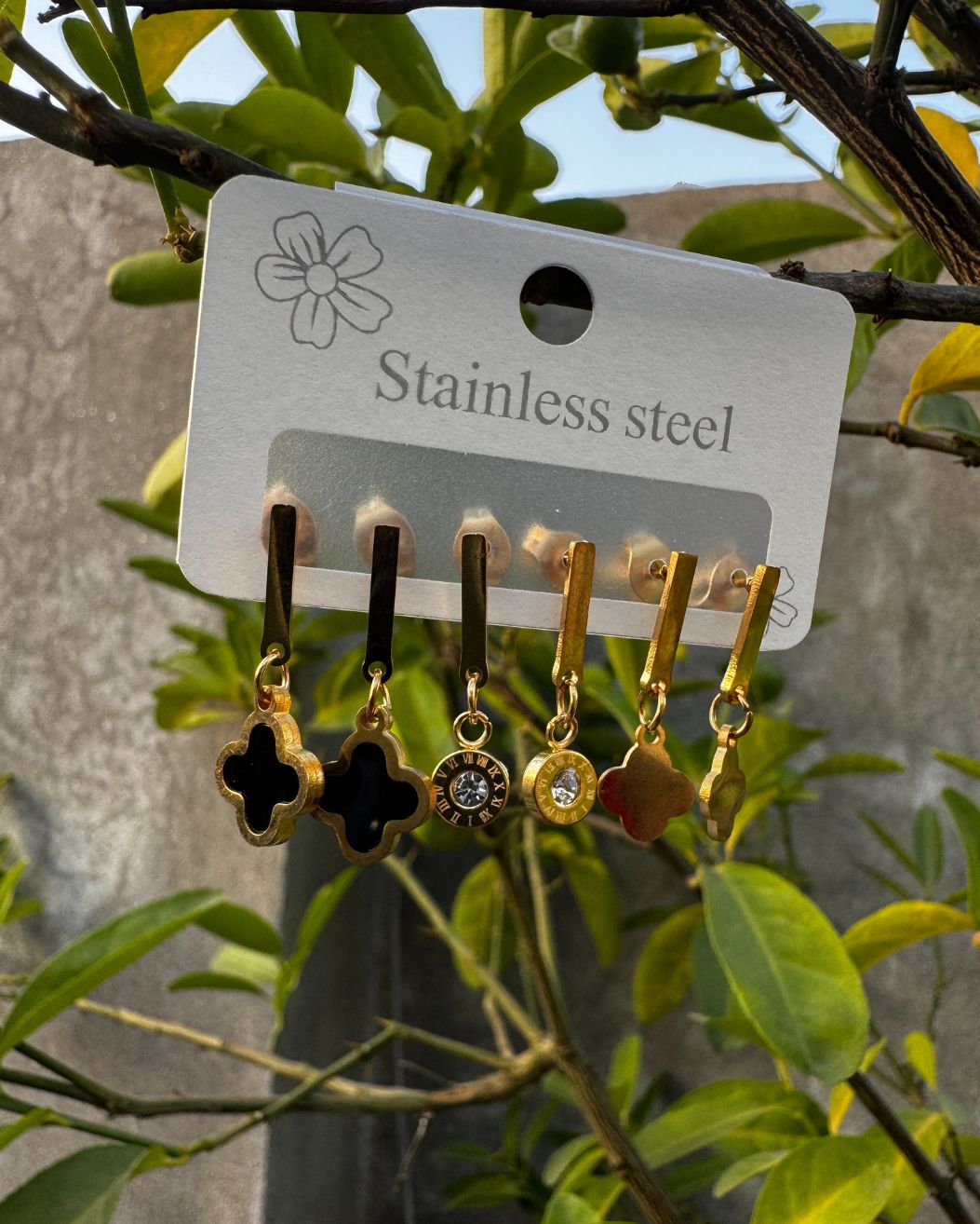 Set of 3 Gold Plated Non Tarnish Titanium Stainless Steel Tops Earrings For Girls
