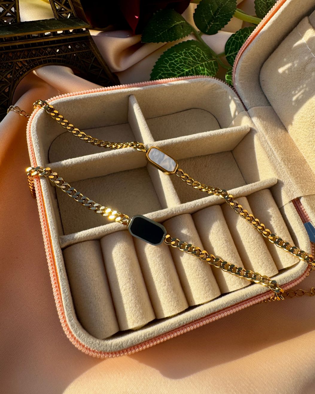 Minimal Chic Black & White Chain Bracelets – 18K Gold Plated Waterproof Stainless Steel Jewelry