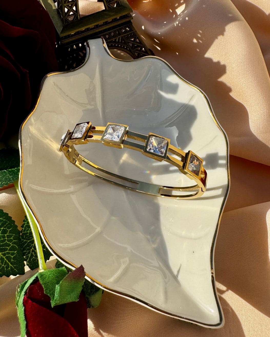 18k Gold Plated Wrist Bangle with Silver Cubic Crystal