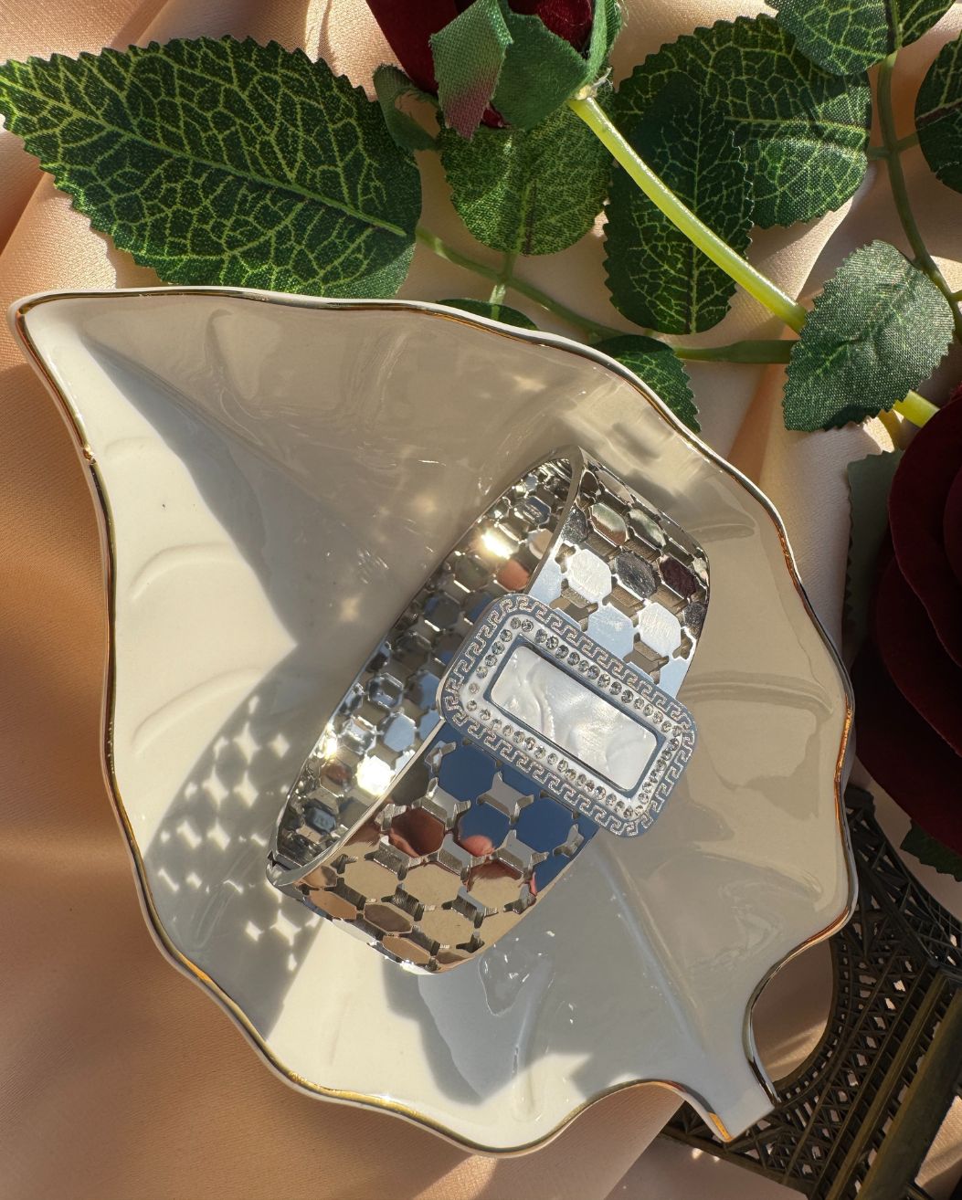 Elegant Silver Stainless Steel Cuff Bracelet with Mother of Pearl Centre Waterproof Anti Tarnish Free