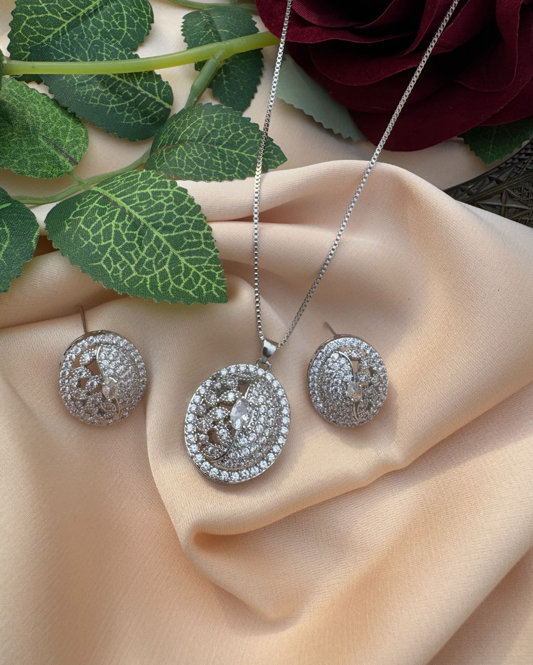 Elegant Round Zircon Pendant & Earrings Set for Women Girls
