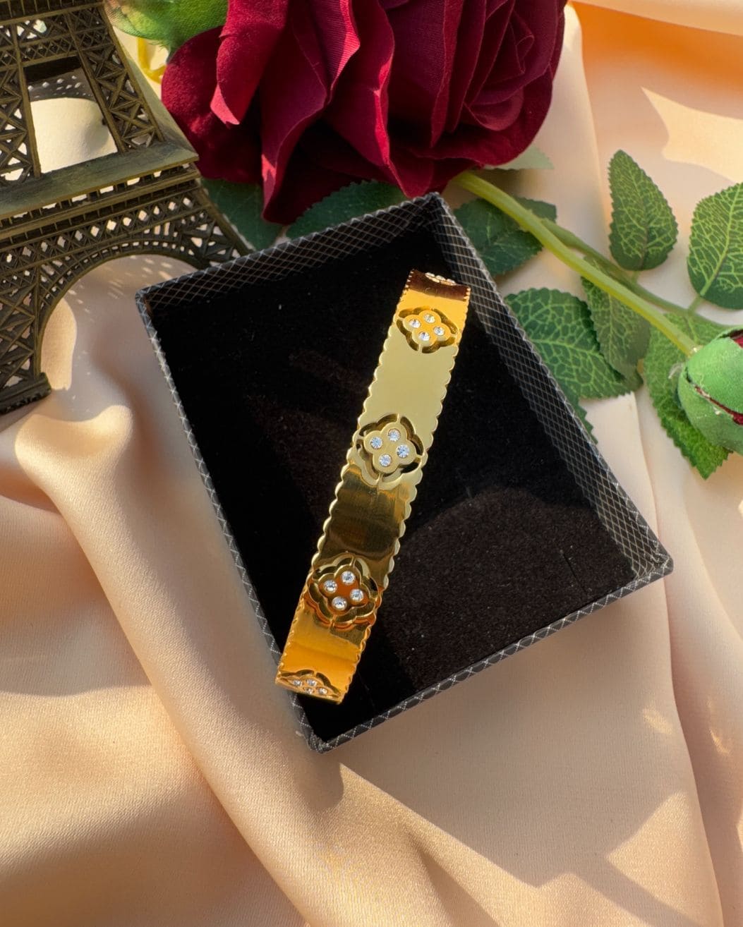 Stainless Steel Jewelry With Gold Plating & Cubic Zirconia Clover Open Bangle Bracelet