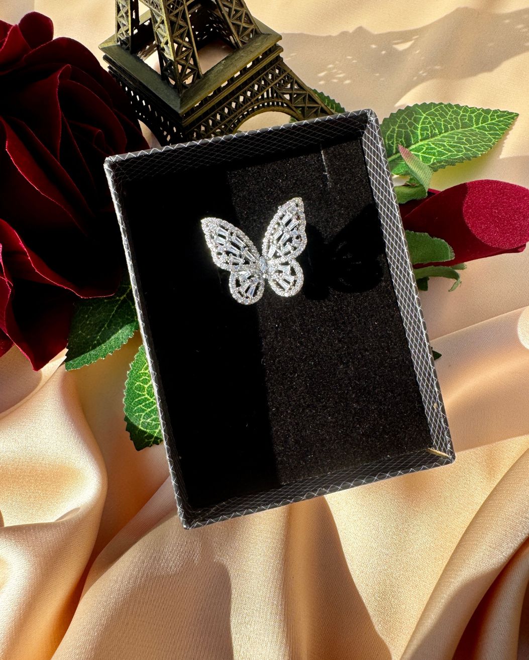 Trendy Silver Zircon Crystal Butterfly Adjustable Ring for Women