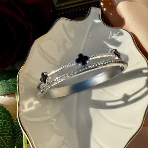 Sterling Silver Black Clover Handcuff Bracelet for Women