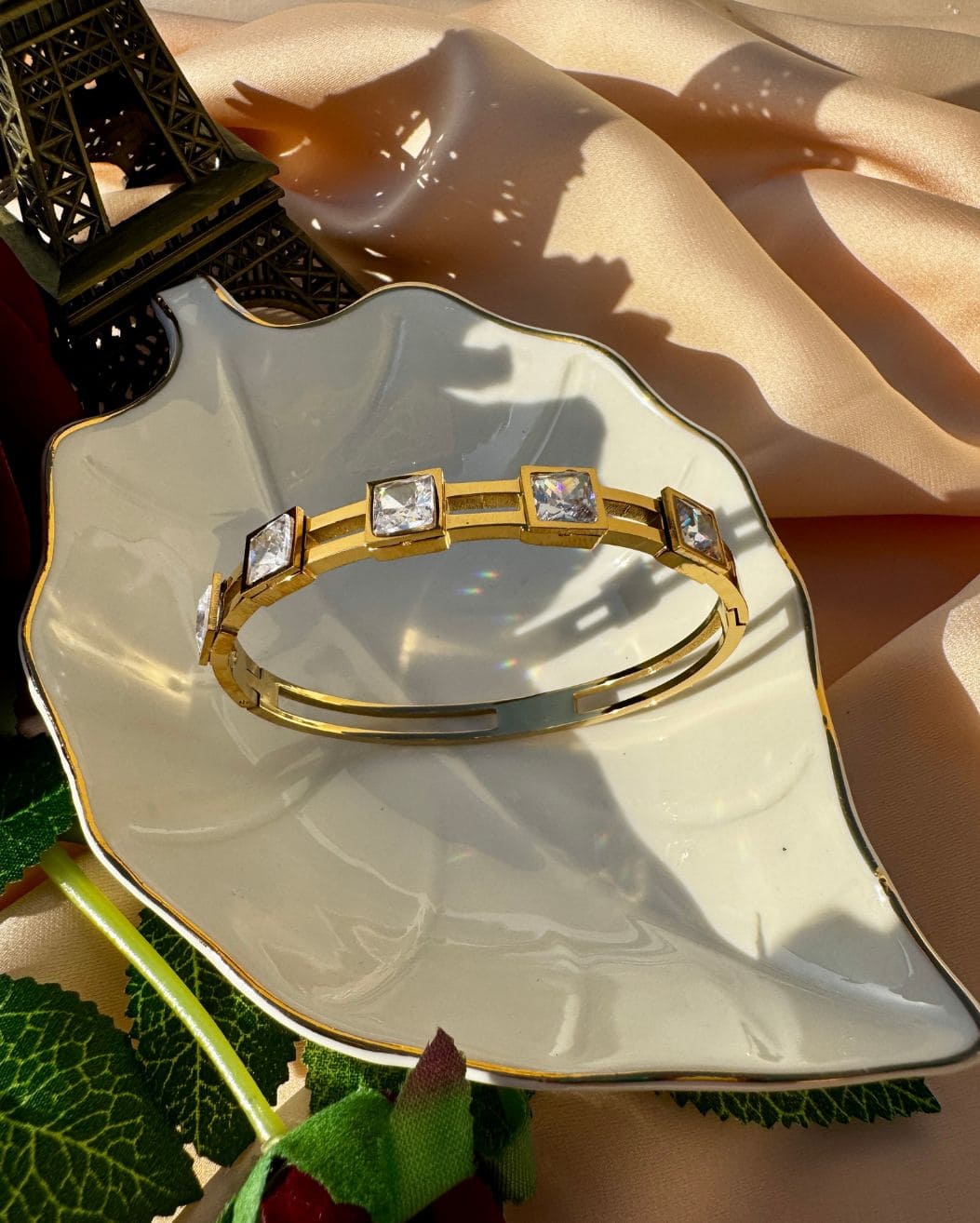 18K Gold Stainless Steel Plated Wrist Bangle with Silver Cubic Zirconia for women