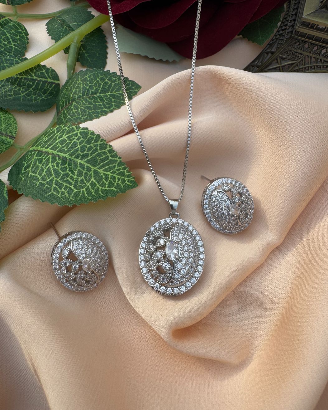 Elegant Round Zircon Pendant & Earrings Set for Women