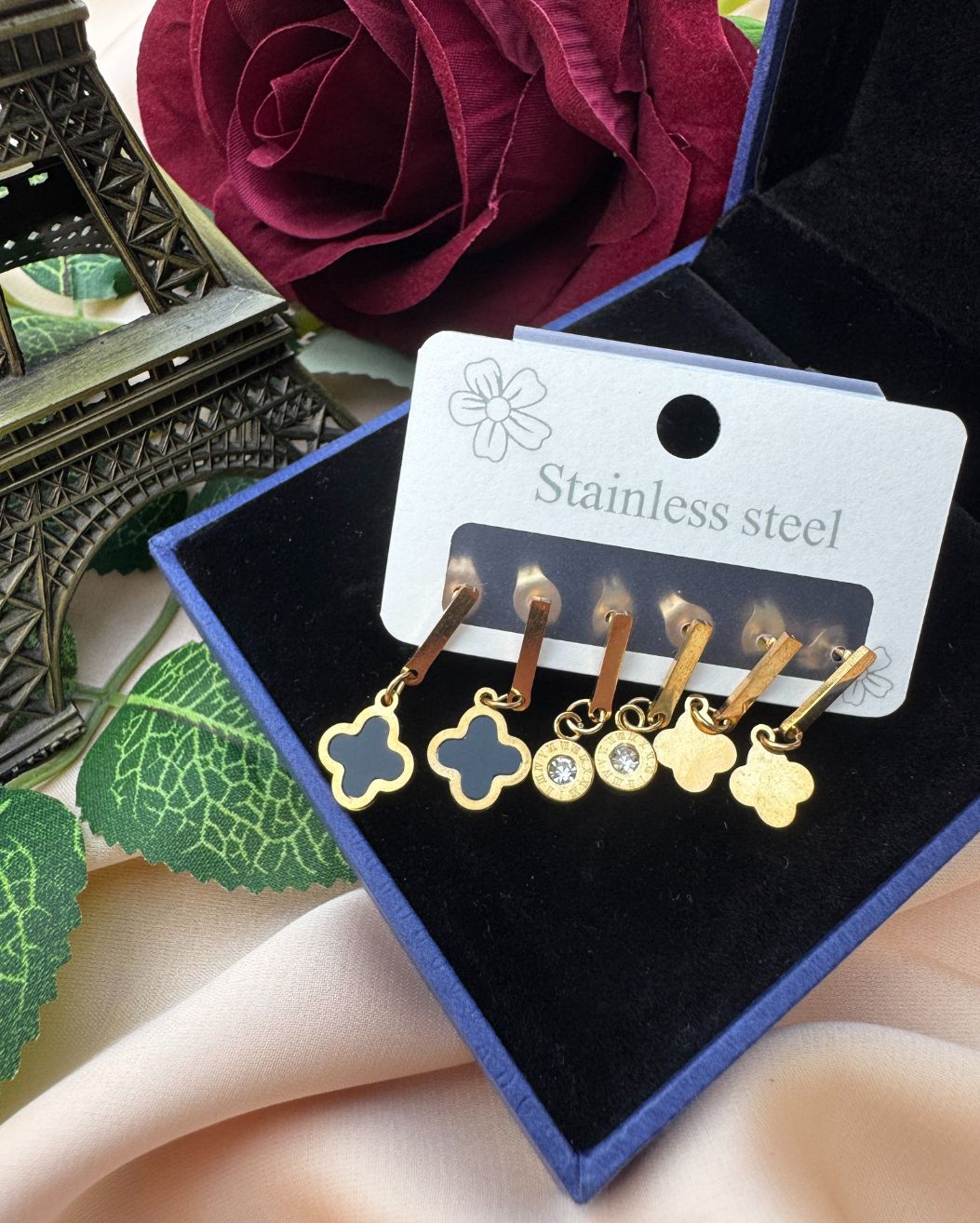Set of 3 Gold Plated Titanium Stainless Steel Tops Earrings