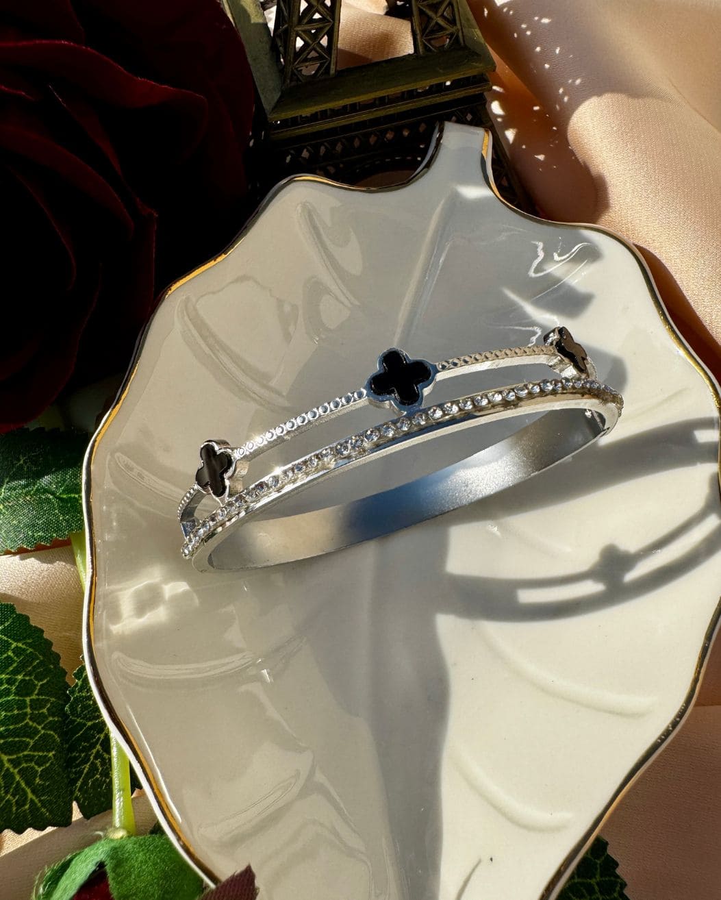 Sterling Silver Black Clover Handcuff Bracelet for Women