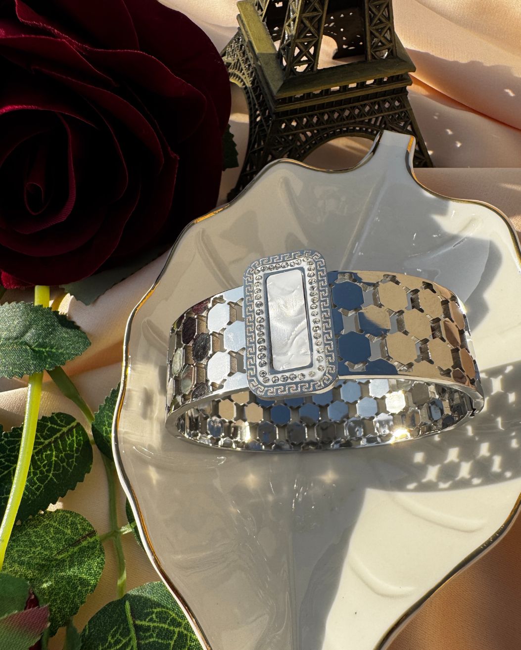 Elegant Silver Stainless Steel Cuff Bracelet with Mother of Pearl Centre Waterproof