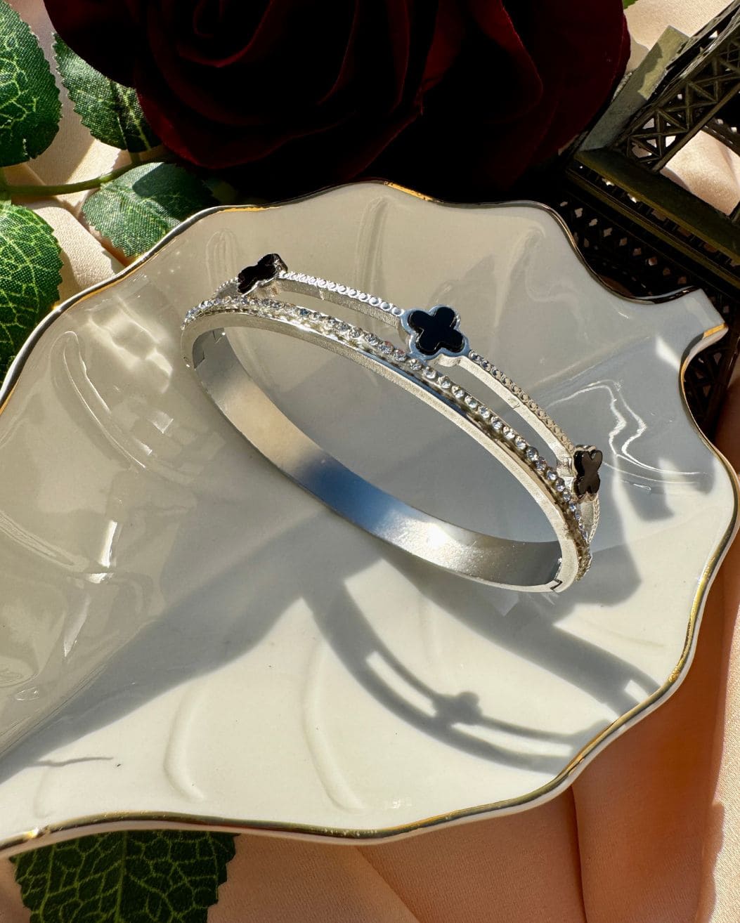 Stainless Steel Sterling Silver Black Clover Handcuff Bracelet for Women and Girls