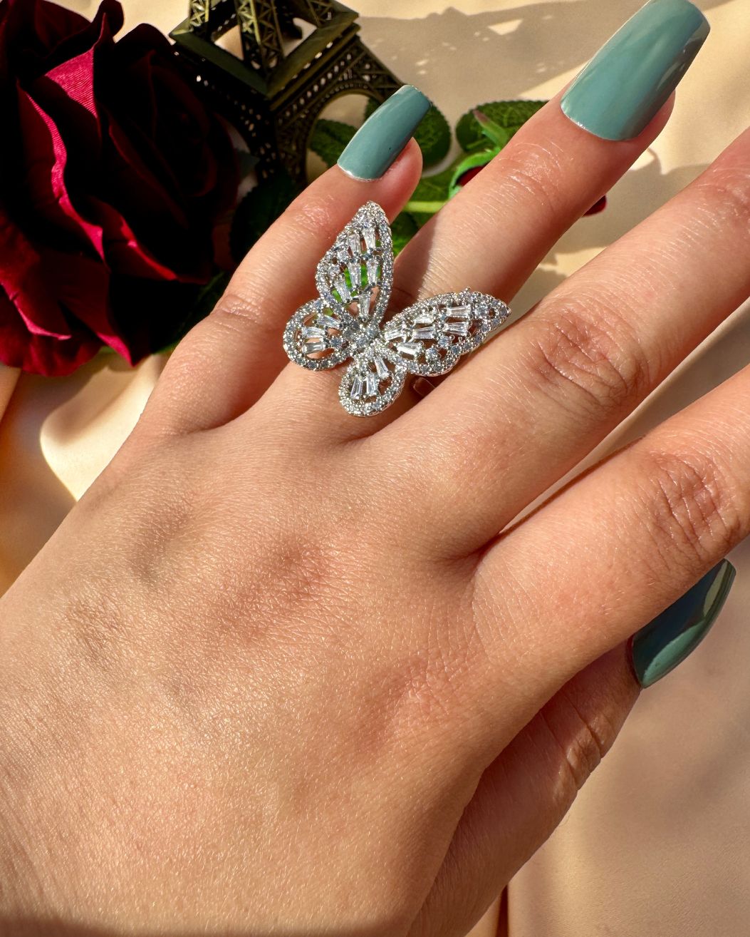 Trendy Silver Zircon Crystal Butterfly Adjustable Rings for Women