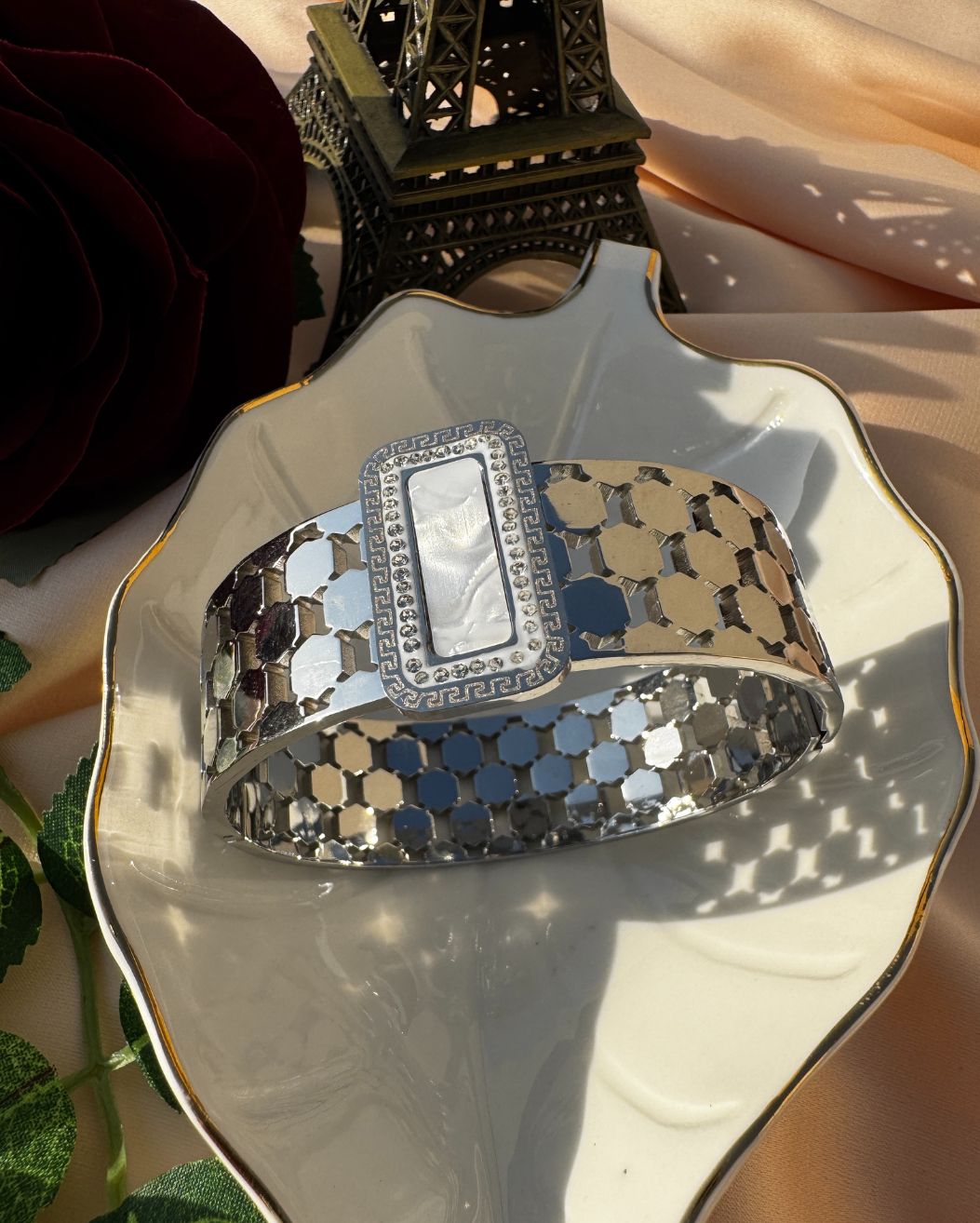Elegant Silver Stainless Steel Cuff Bracelet with Mother of Pearl Centre Waterproof Anti Tarnish Free For Women
