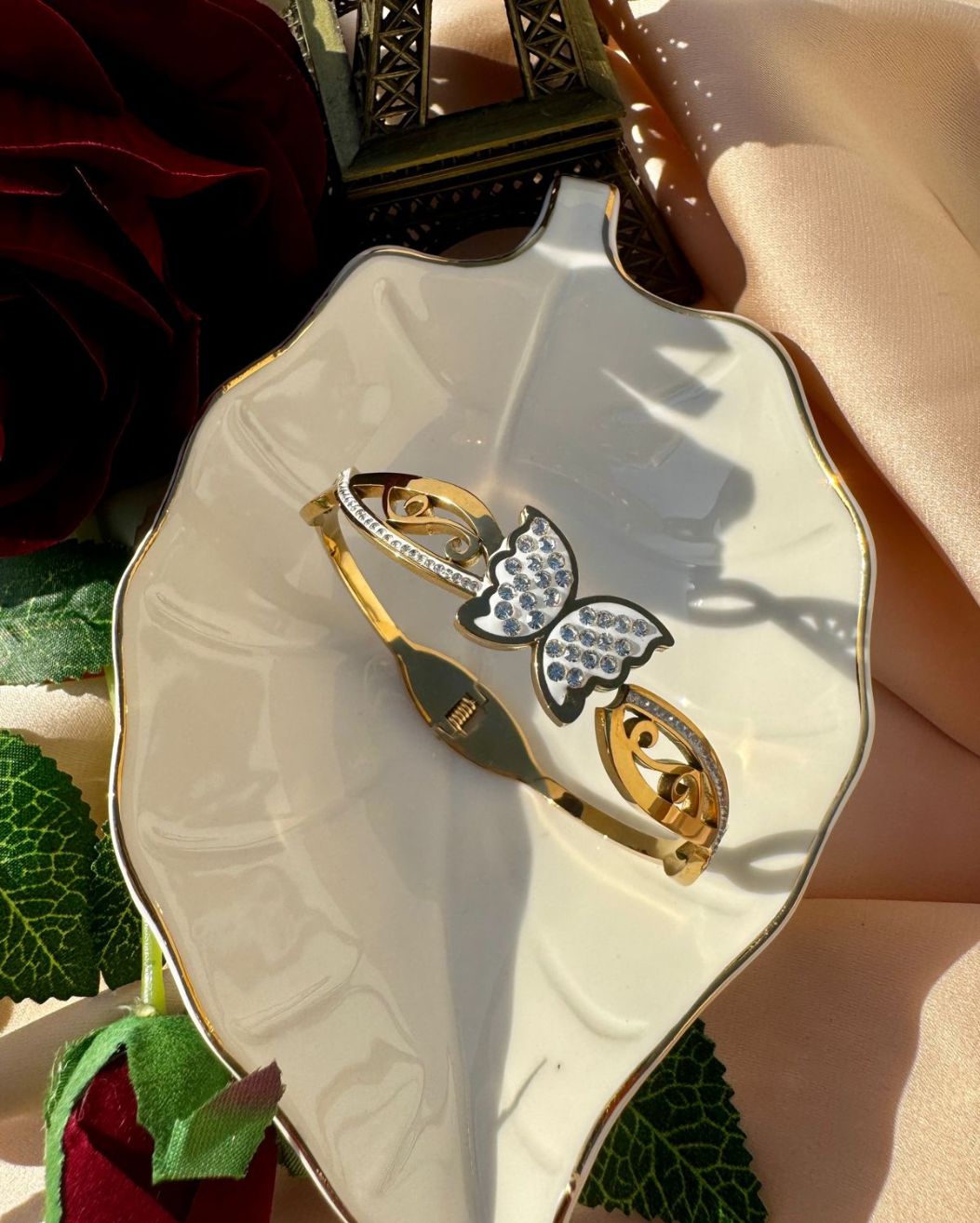 Crystal Butterfly Handcuff Bracelet — Stainless Steel Bangle