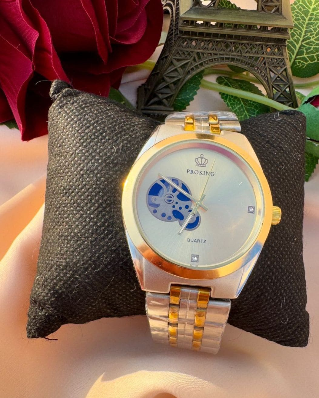 Premium gold silver stainless steel wristwatch for men